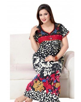 High quality Pure Cotton Floral Print Long Nighty - Black & Red